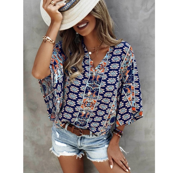 Printed Blue Multicolor Batwing Sleeve V-Neck Blouse Top - Picture 4 of 7